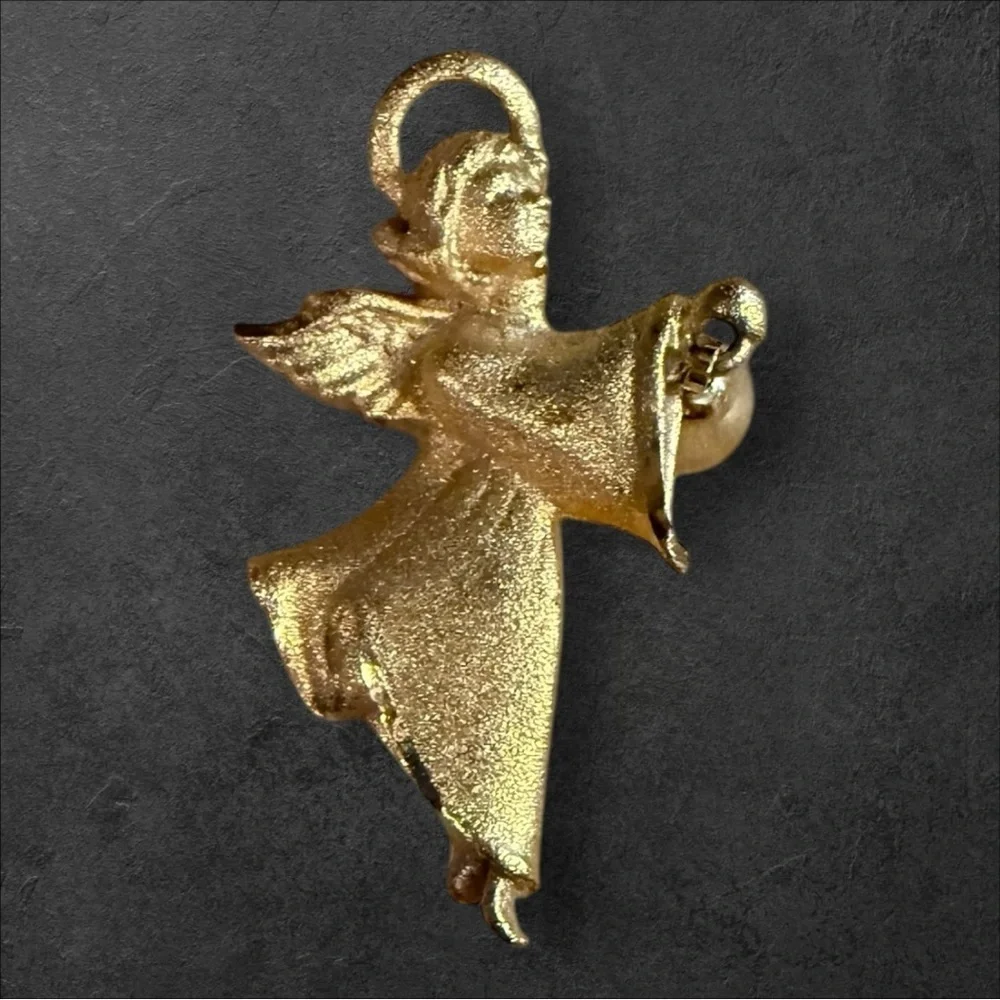 Vintage Robyn Rush Angel Bell Brooch - 1970s Frosted Christmas Pin